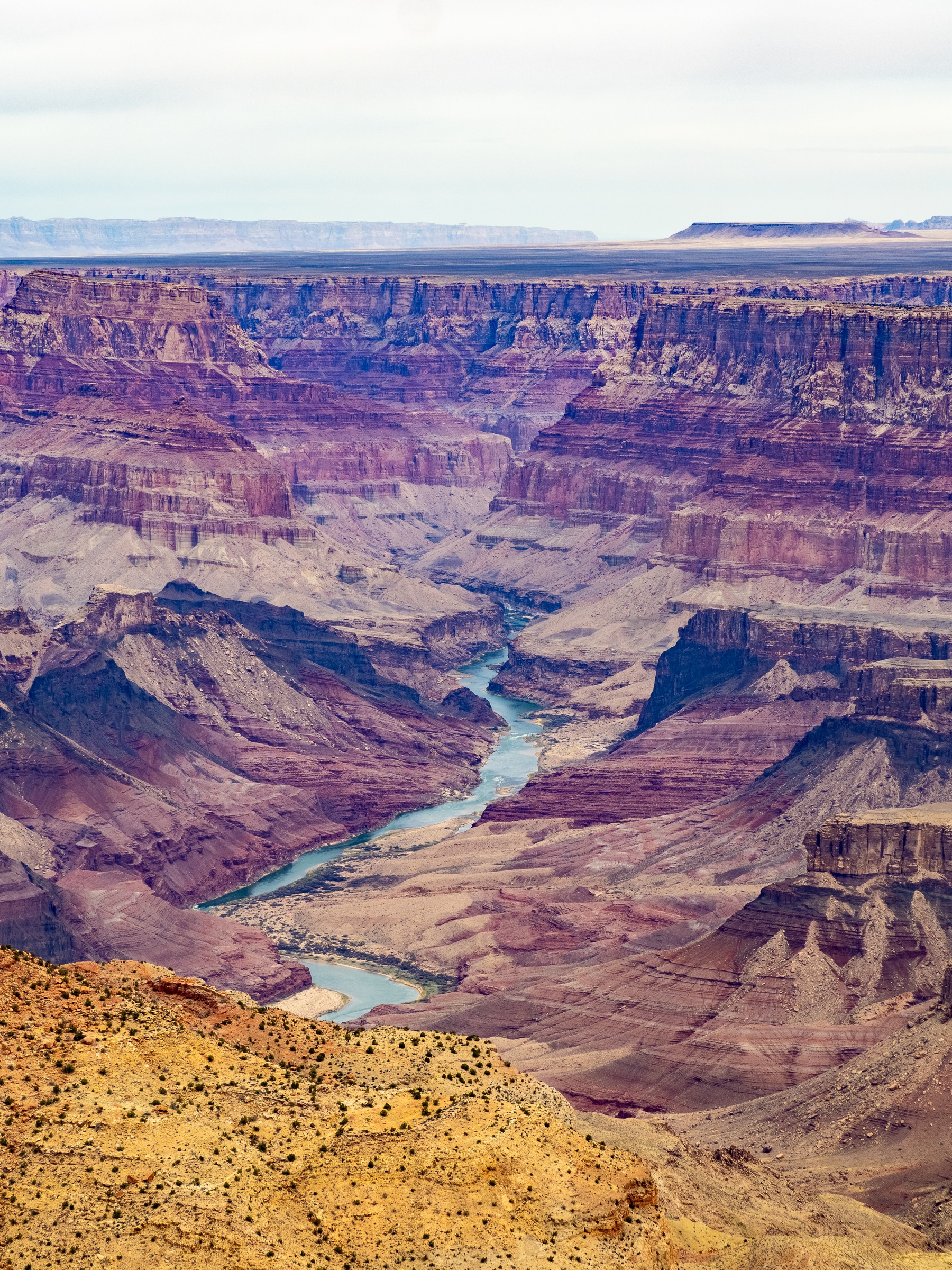 A winding river snakes through layered, colorful rock formations within a vast canyon landscape.