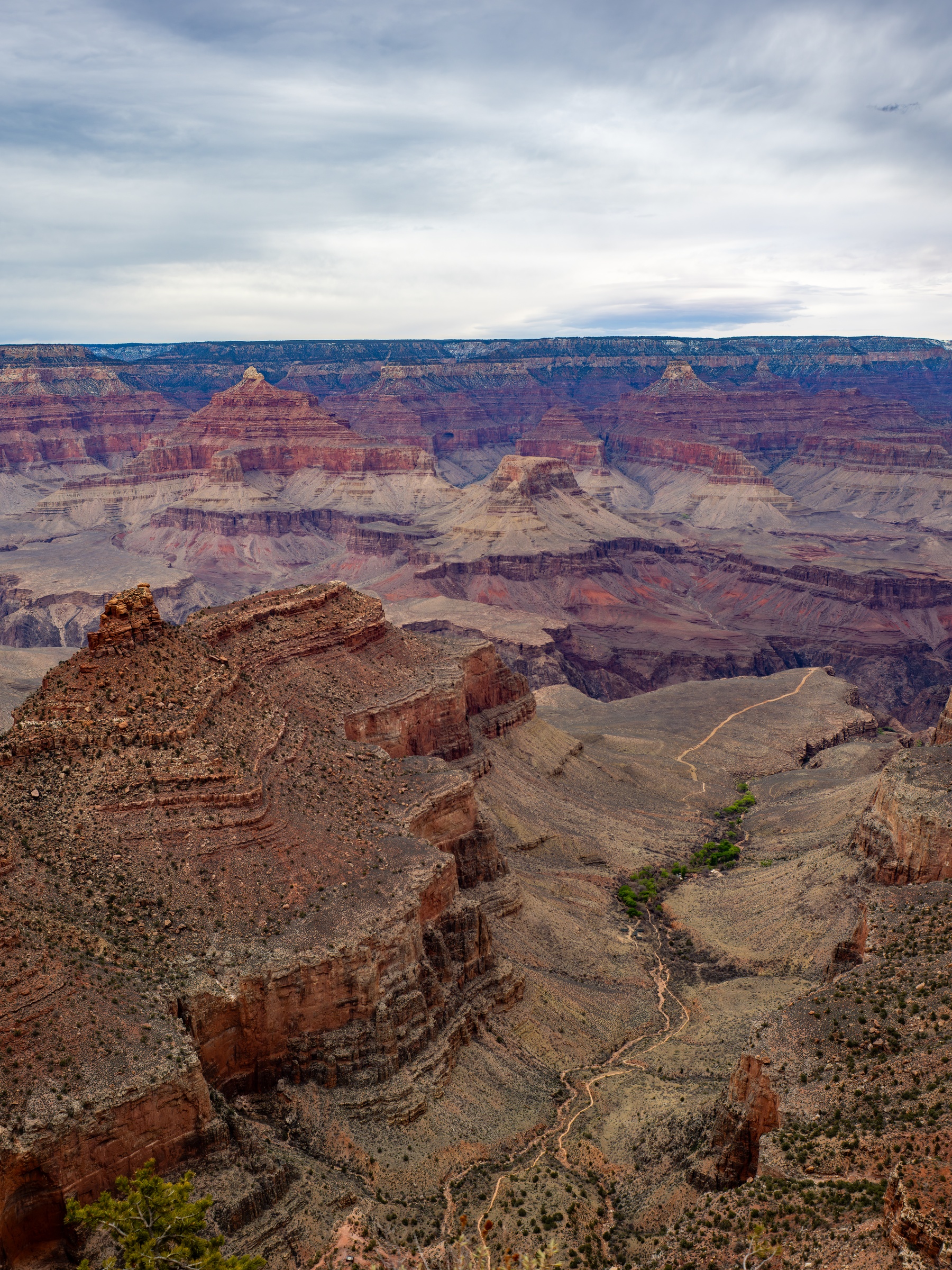 Vast layered rock formations and canyons stretch across a landscape under an overcast sky.