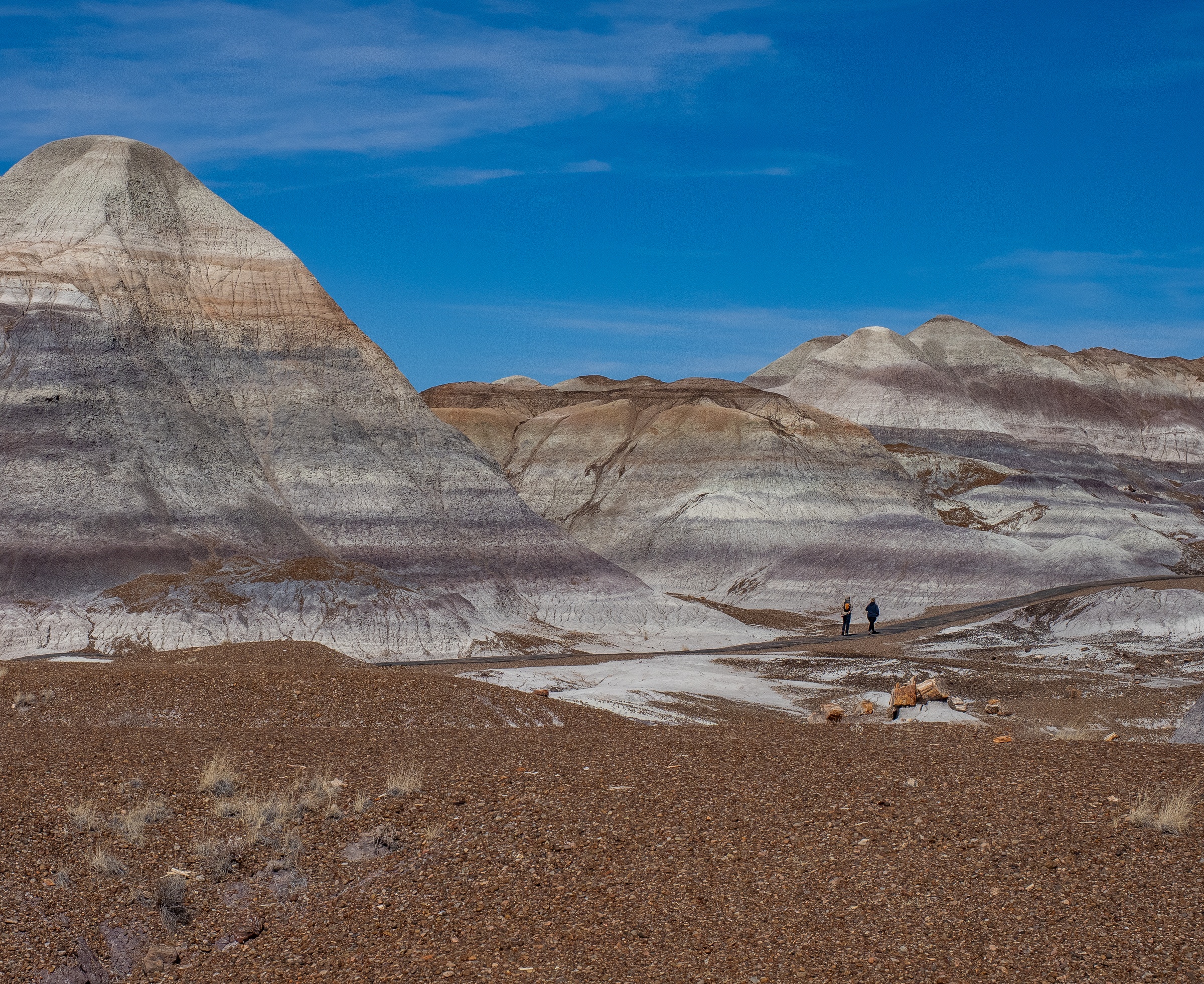 Colorful layered rock formations and a clear blue sky frame two people walking in the desert landscape.