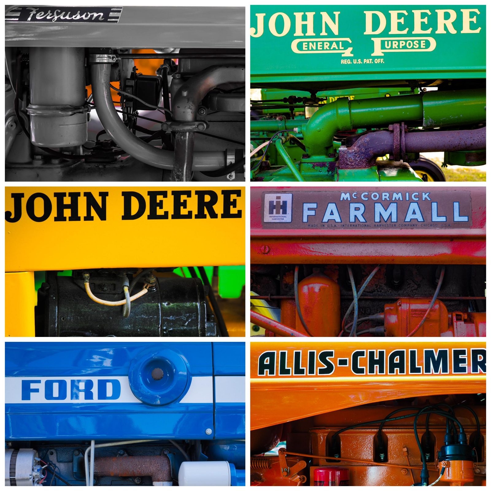 A collage of 6 images each a different color of the side of a farm tractor