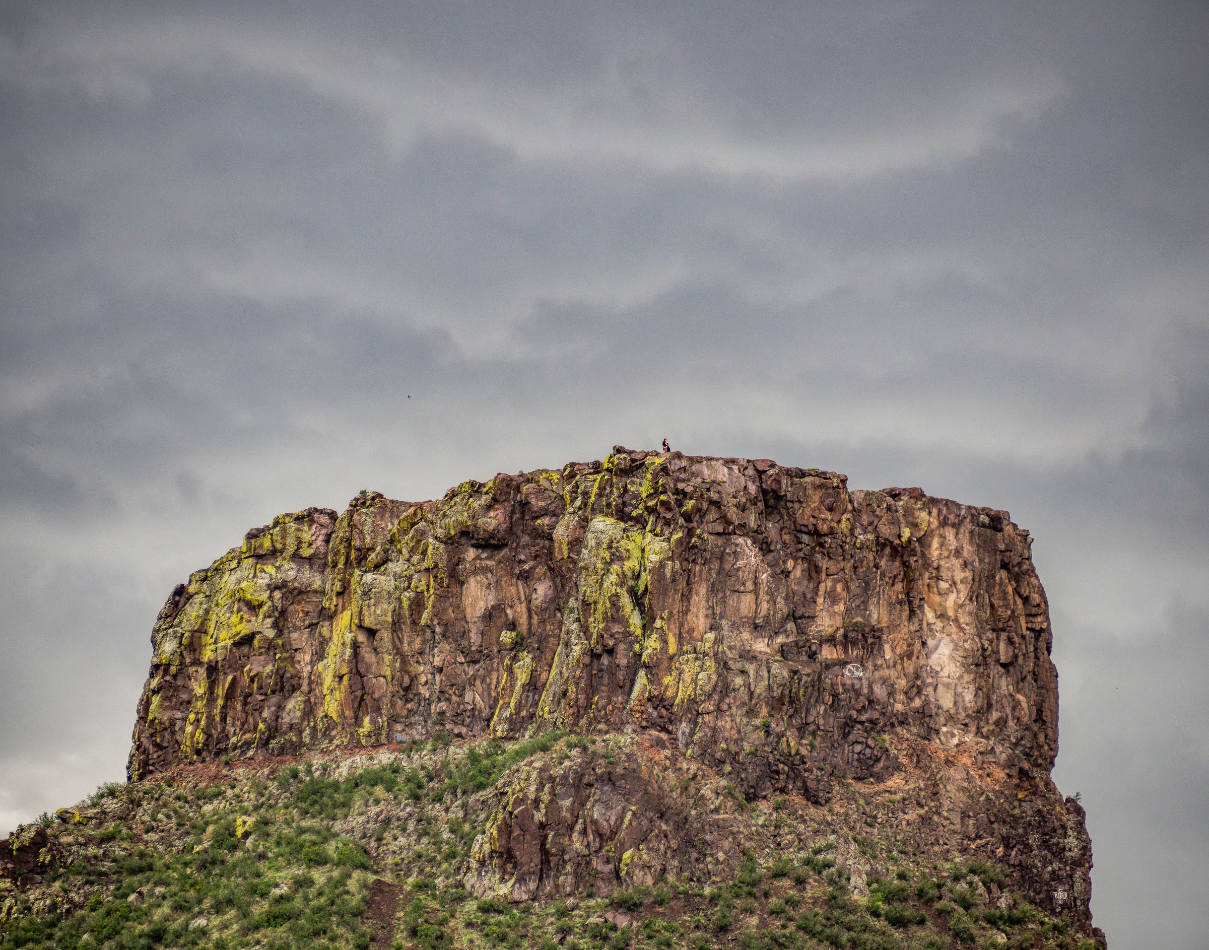 A rocky, moss-covered mesa rises against a cloudy gray sky.
