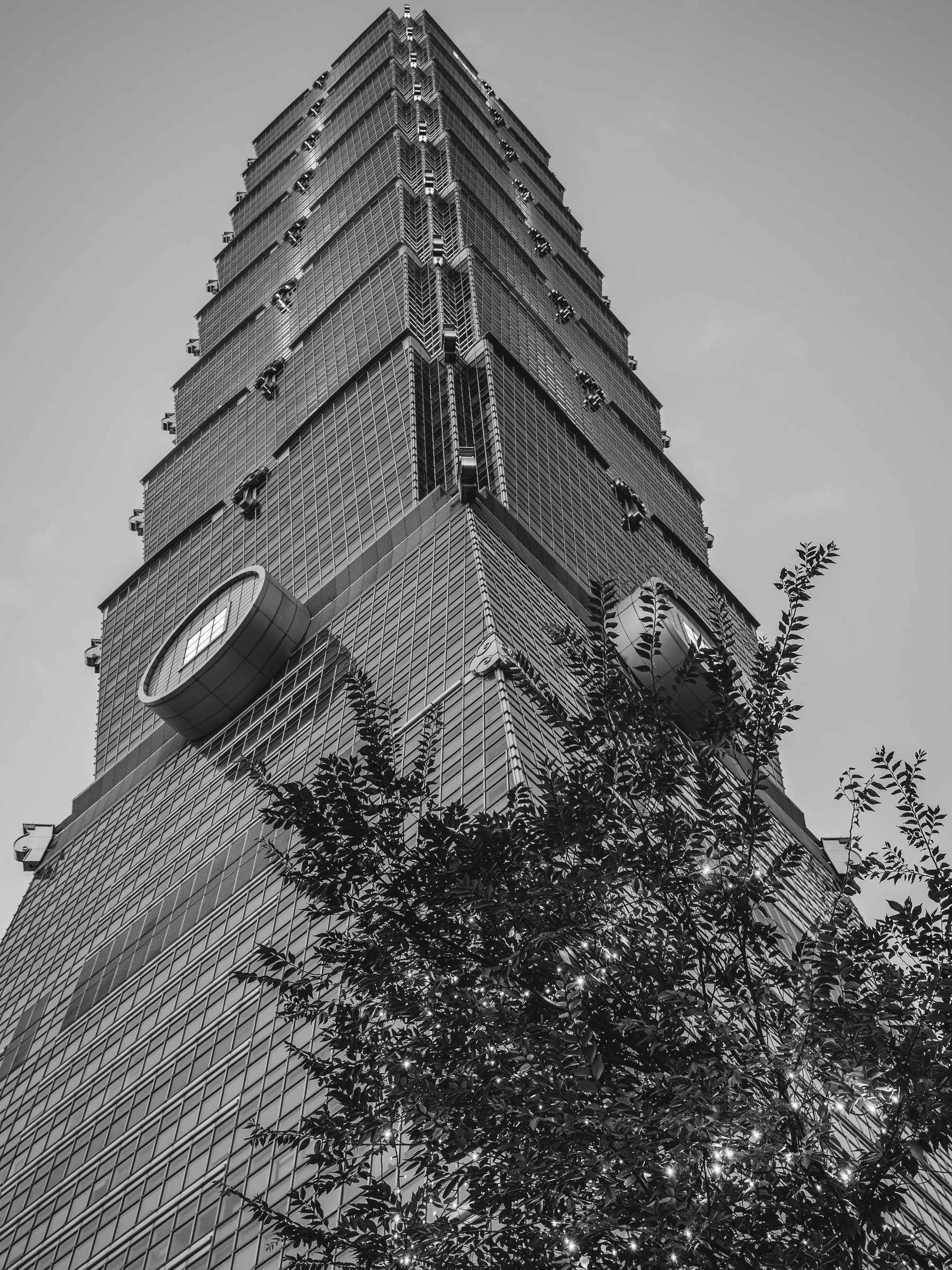 Taipei 101 skyscraper rises above foliage against a cloudy sky.