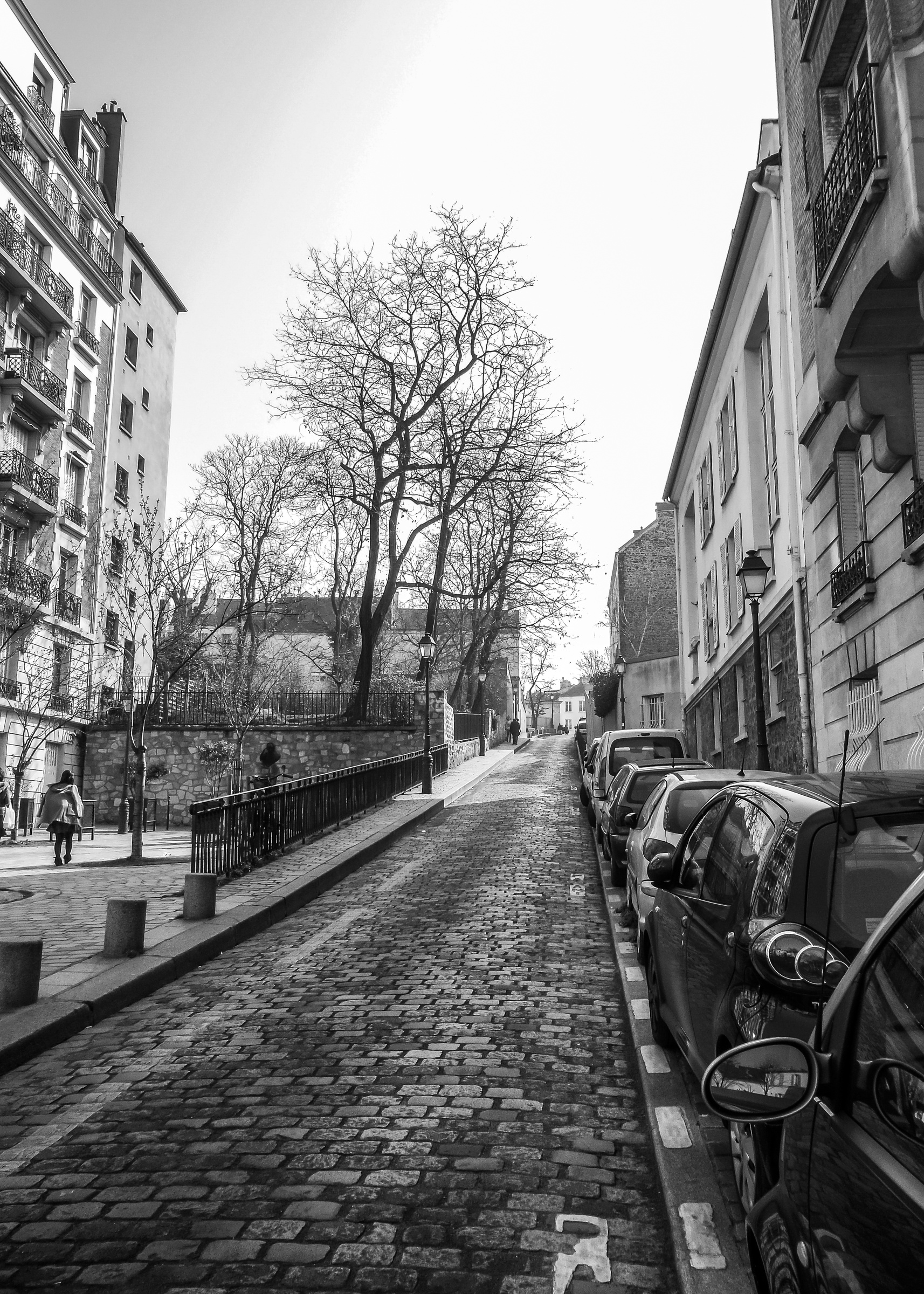 A narrow, cobblestone street lined with parked cars and buildings leads uphill toward a bare tree.