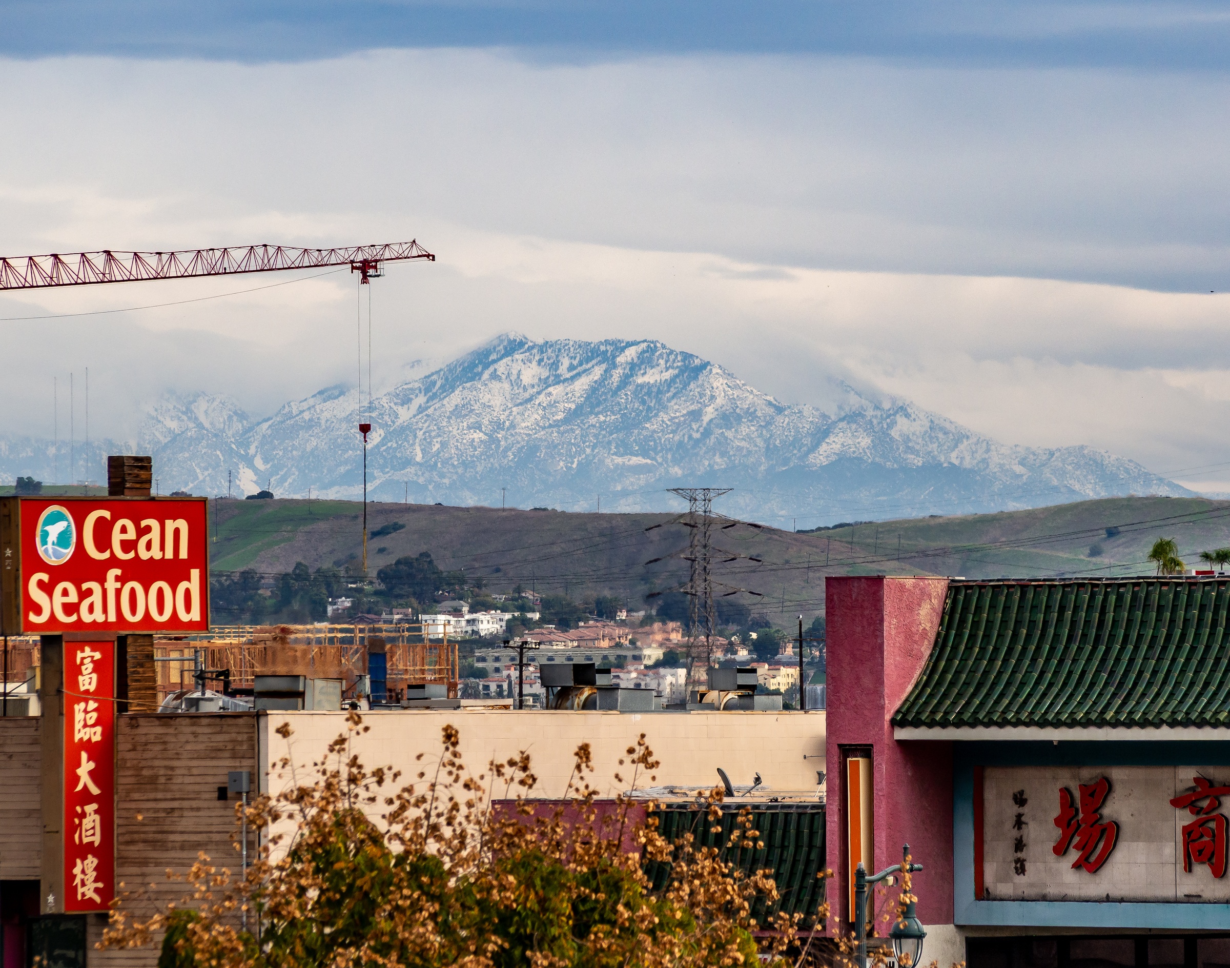 A snowy mountain range rises behind a cityscape with signs and buildings under an overcast sky.