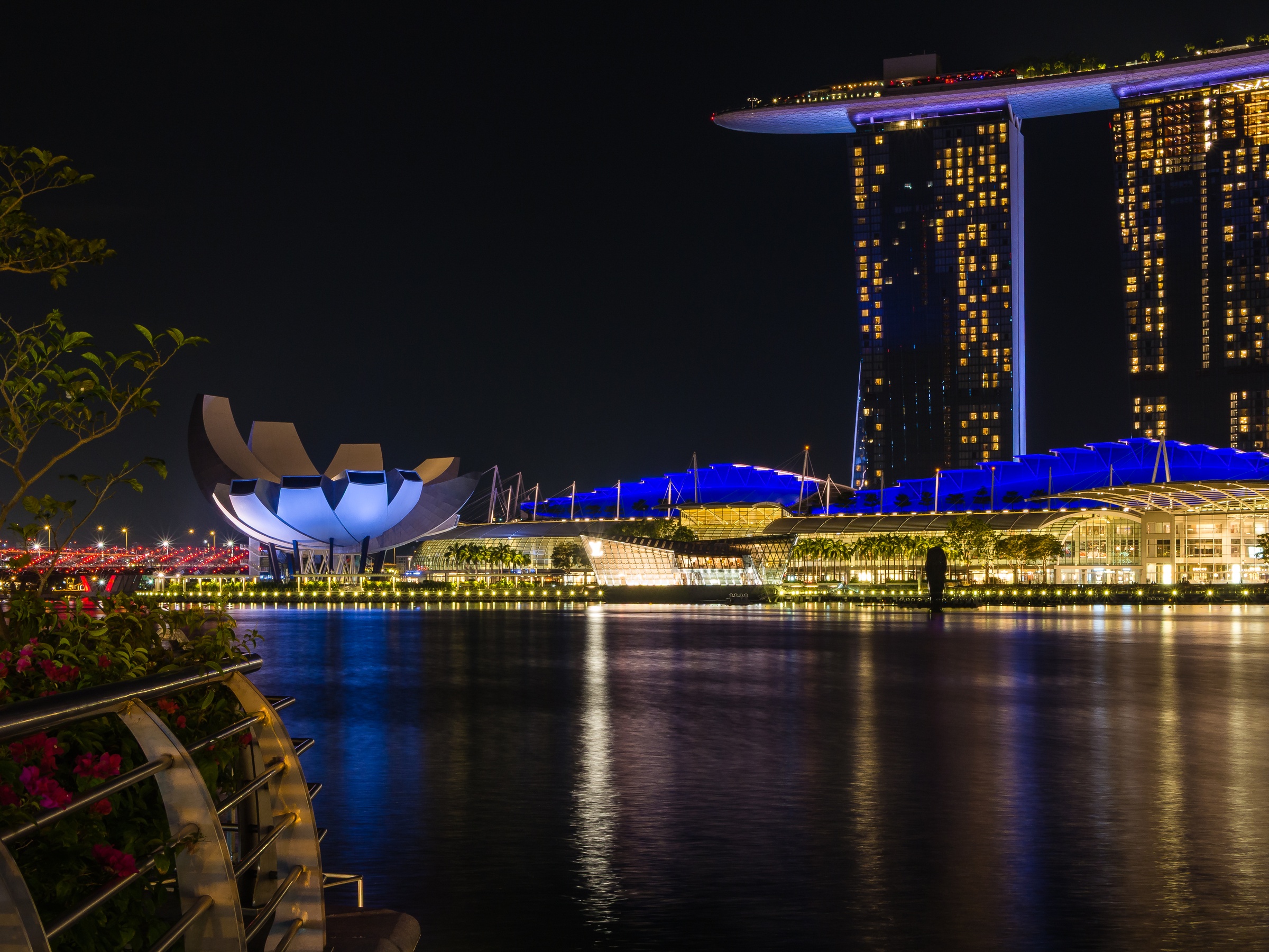 Singapore's Marina Bay Sands and Gardens by the Bay glow brightly at night along a waterfront.