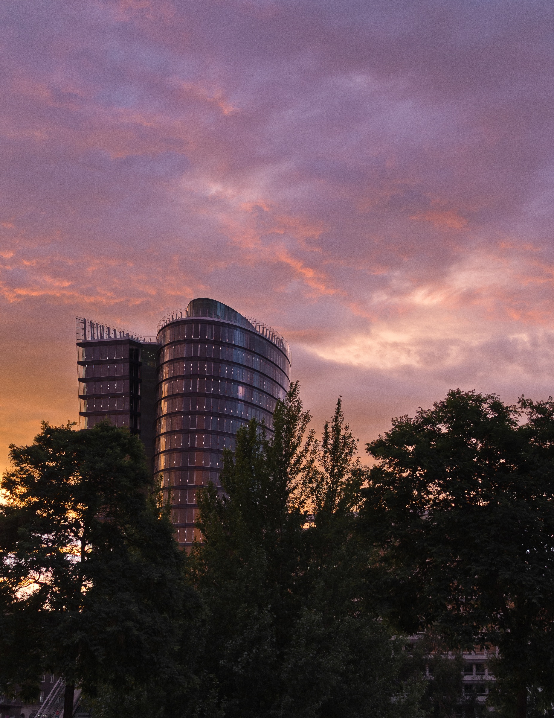 Modern glass buildings rise above trees against a vibrant pink and orange sunset sky.