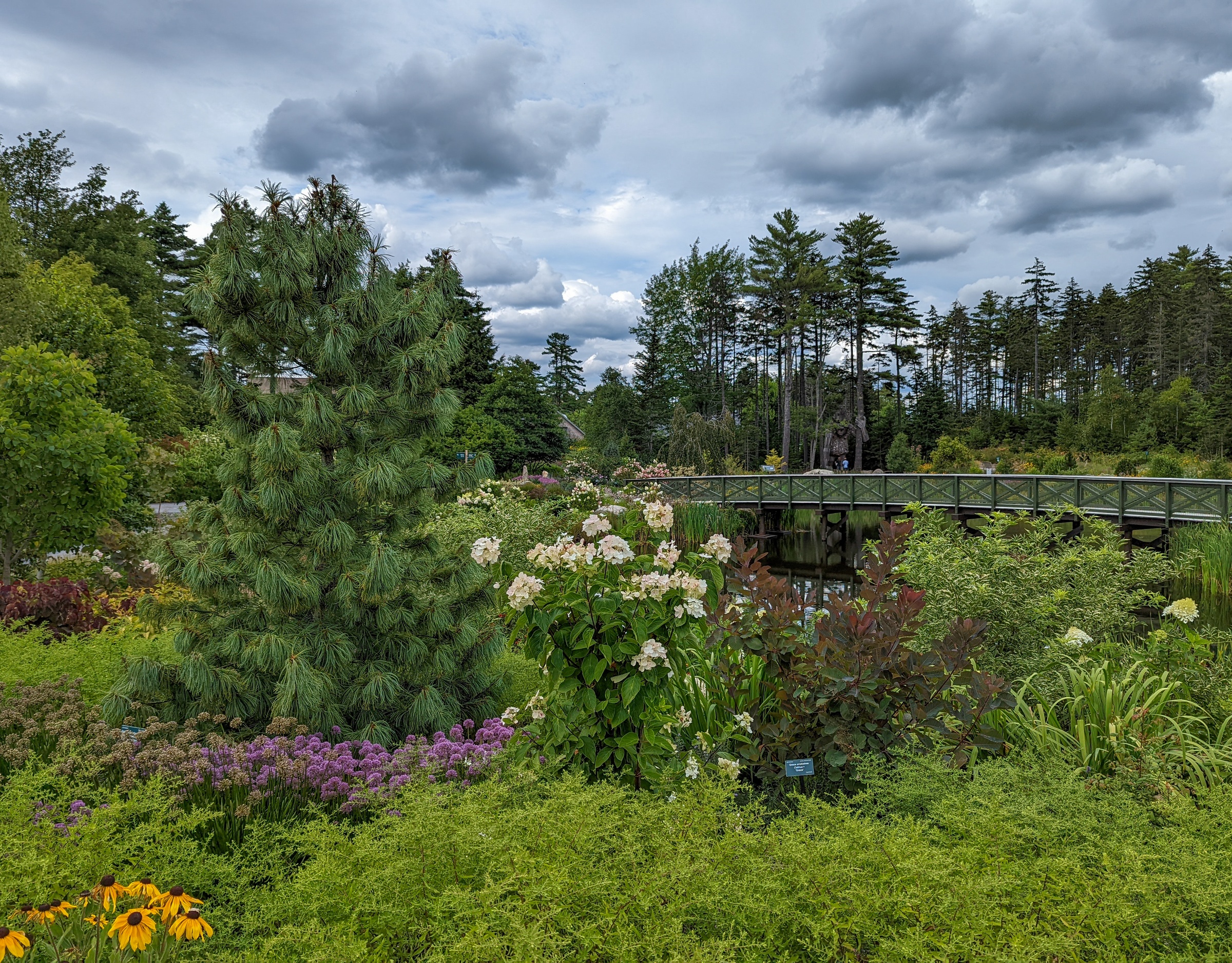 A gray sky looms over a pond with a bridge, surrounded by trees and colorful flowers.