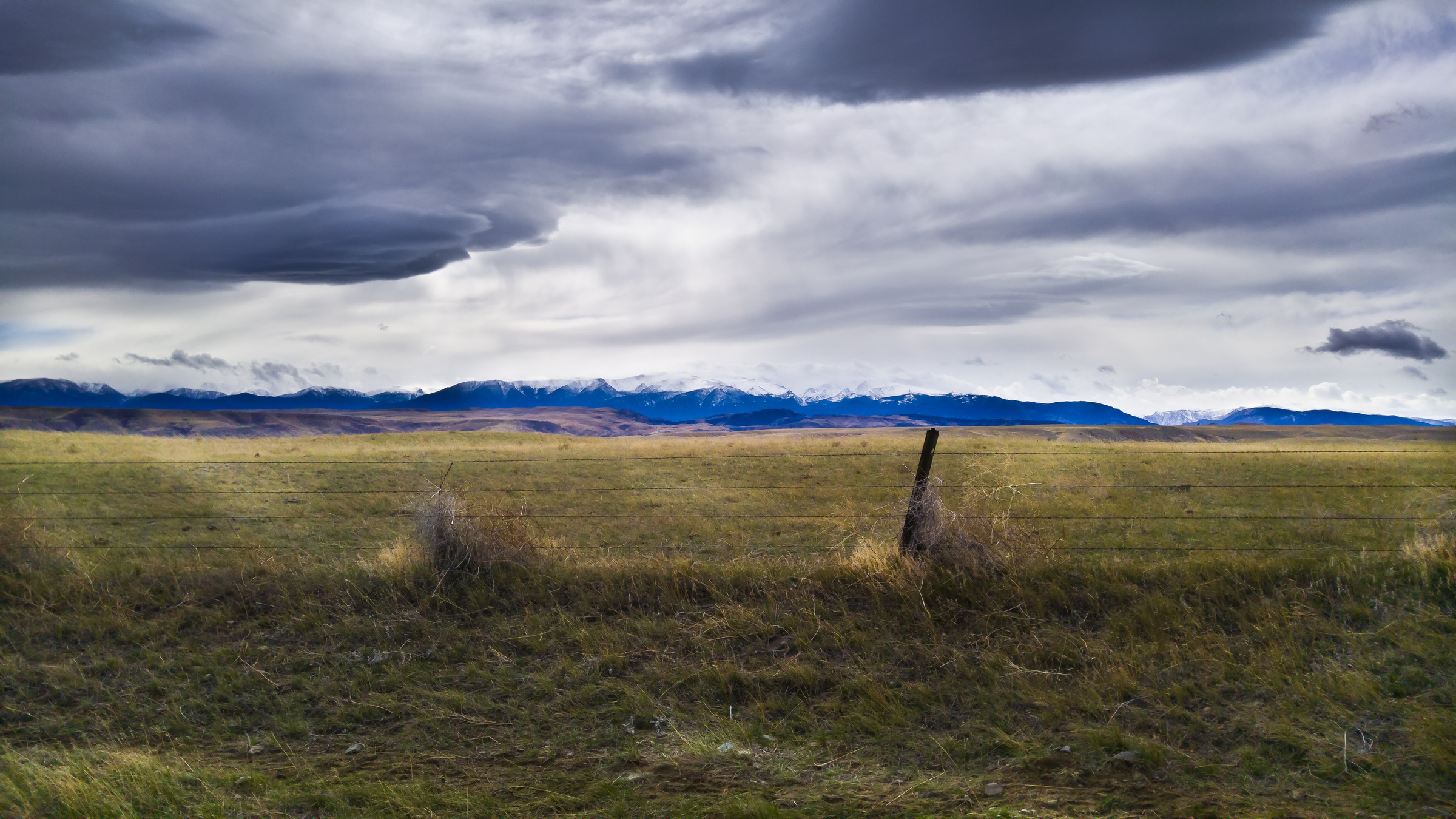 A single fence post in a grassy field with distant snow-capped mountains under a cloudy sky.