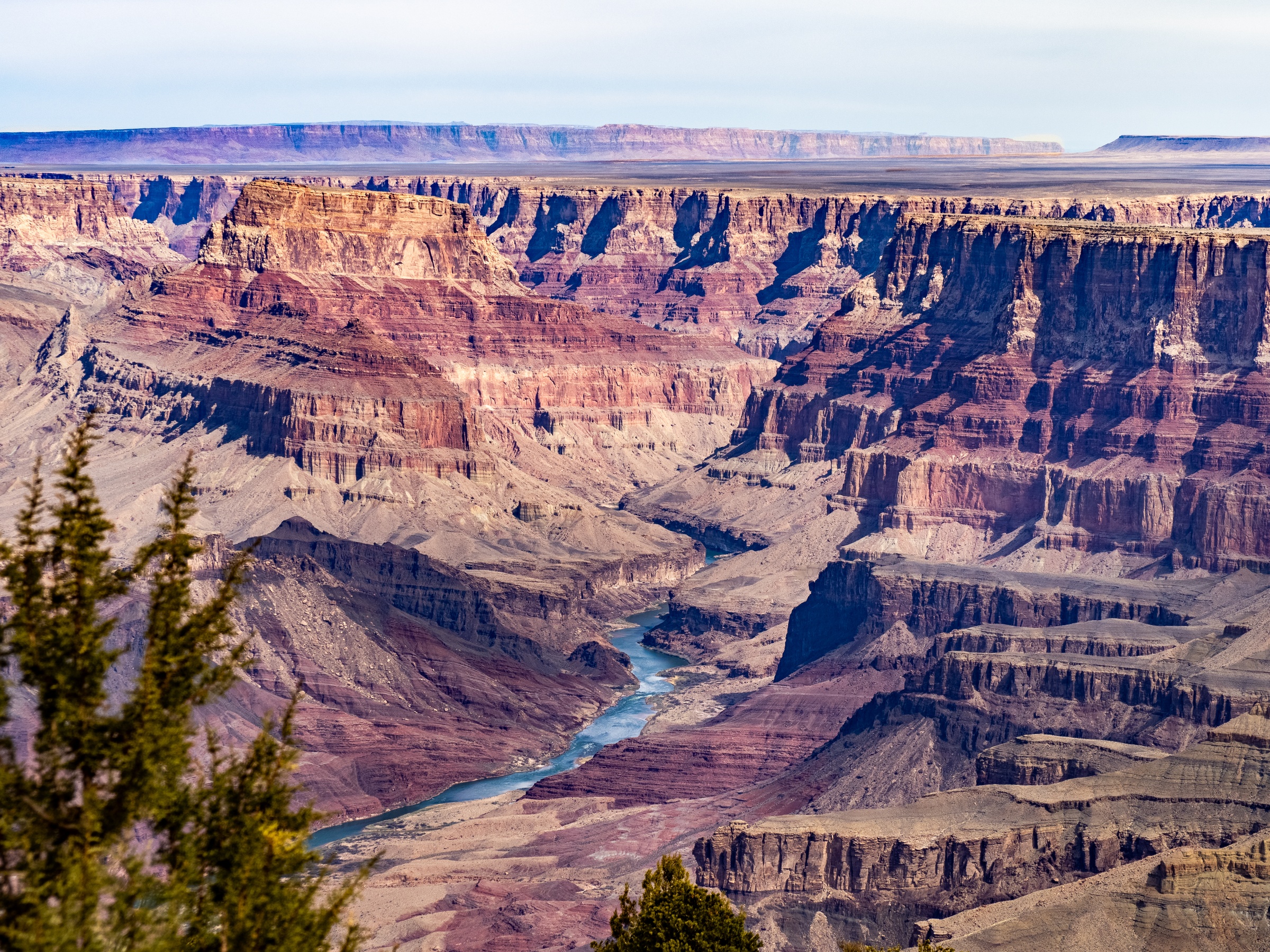 A winding river flows through the deep red rock layers of a vast canyon.
