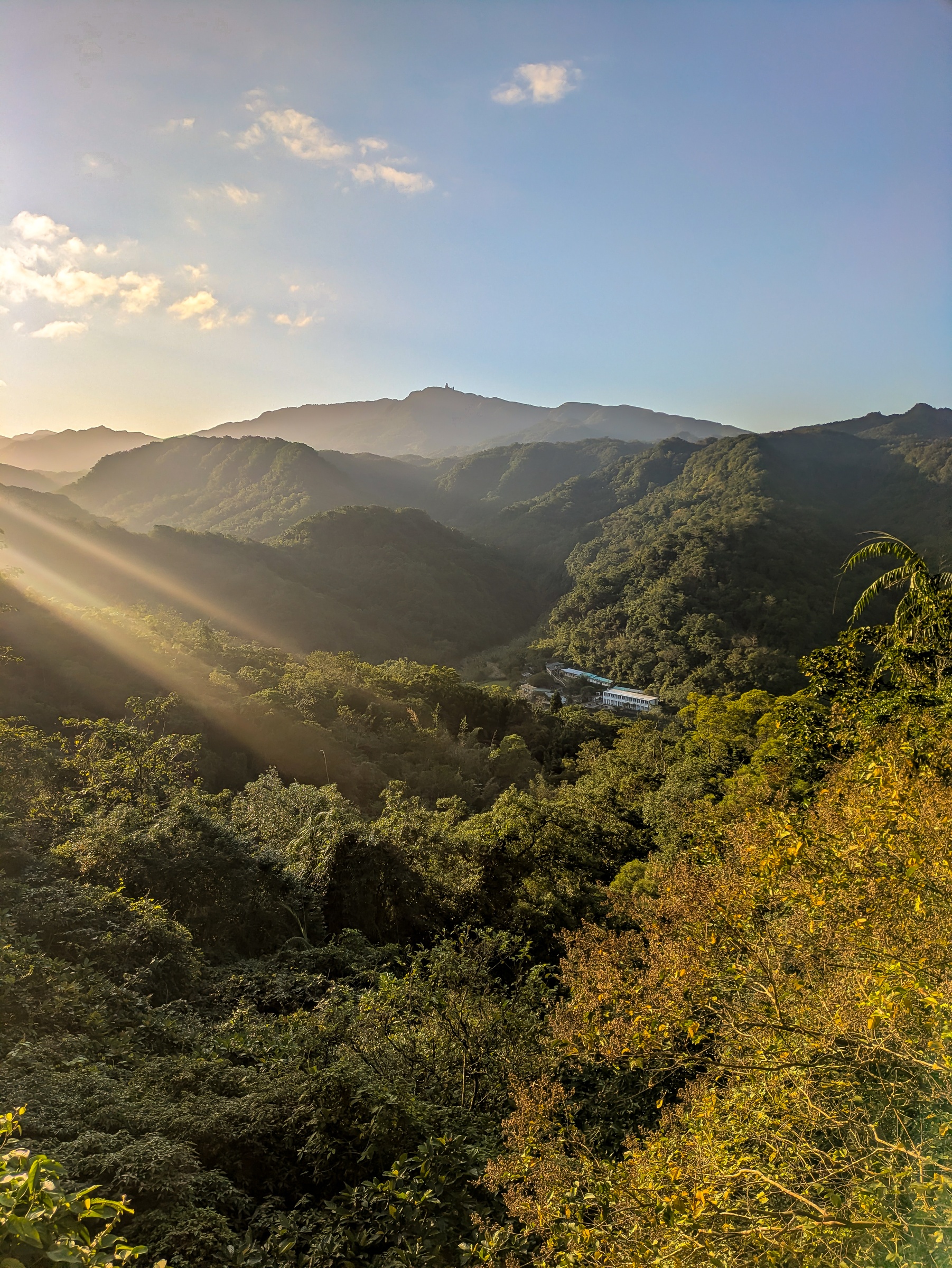 Sunbeams stream across rolling green mountains and a lushly forested valley under a bright sky.