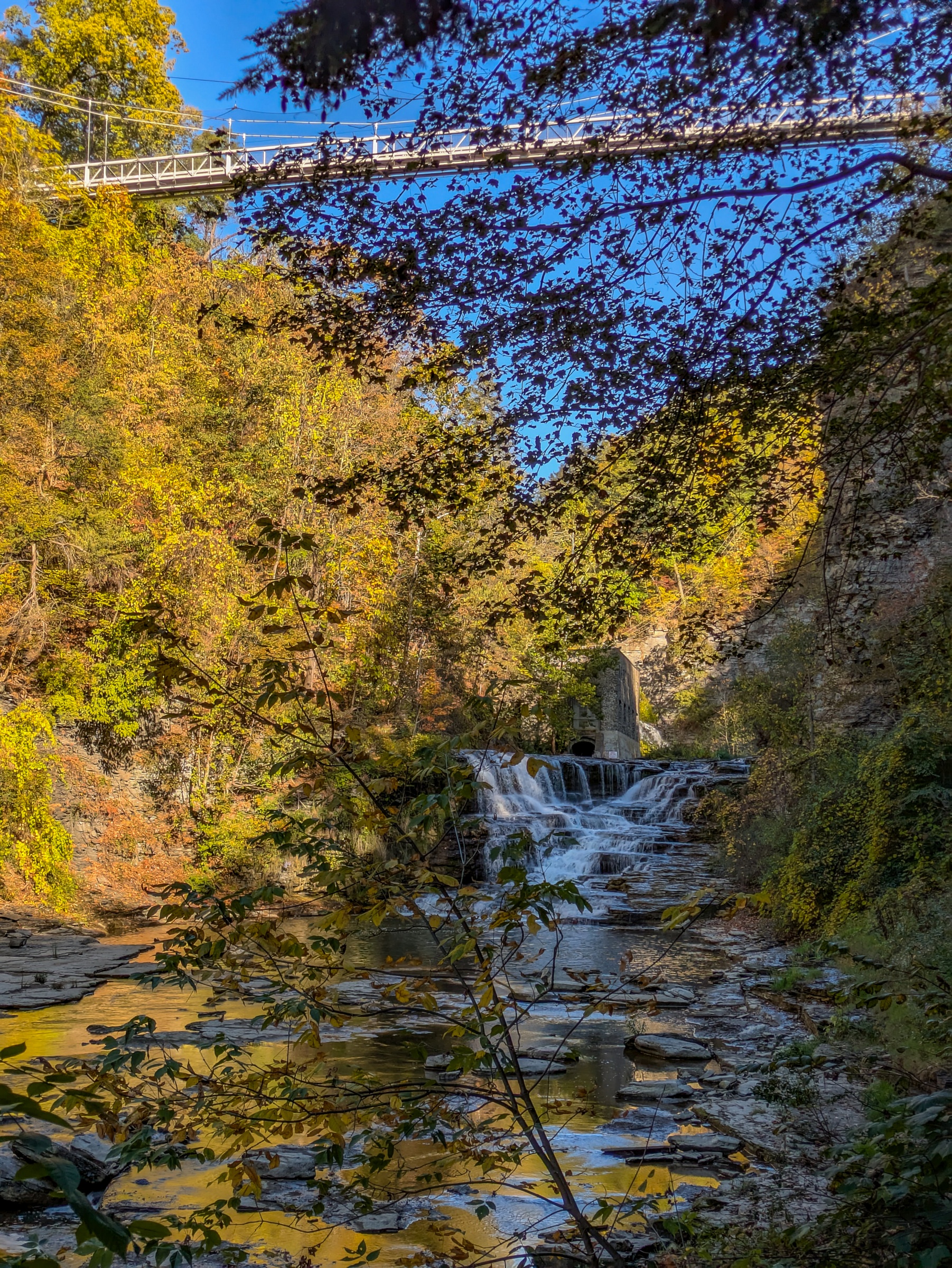 A waterfall cascades through a yellow autumn forest beneath a white suspension bridge.