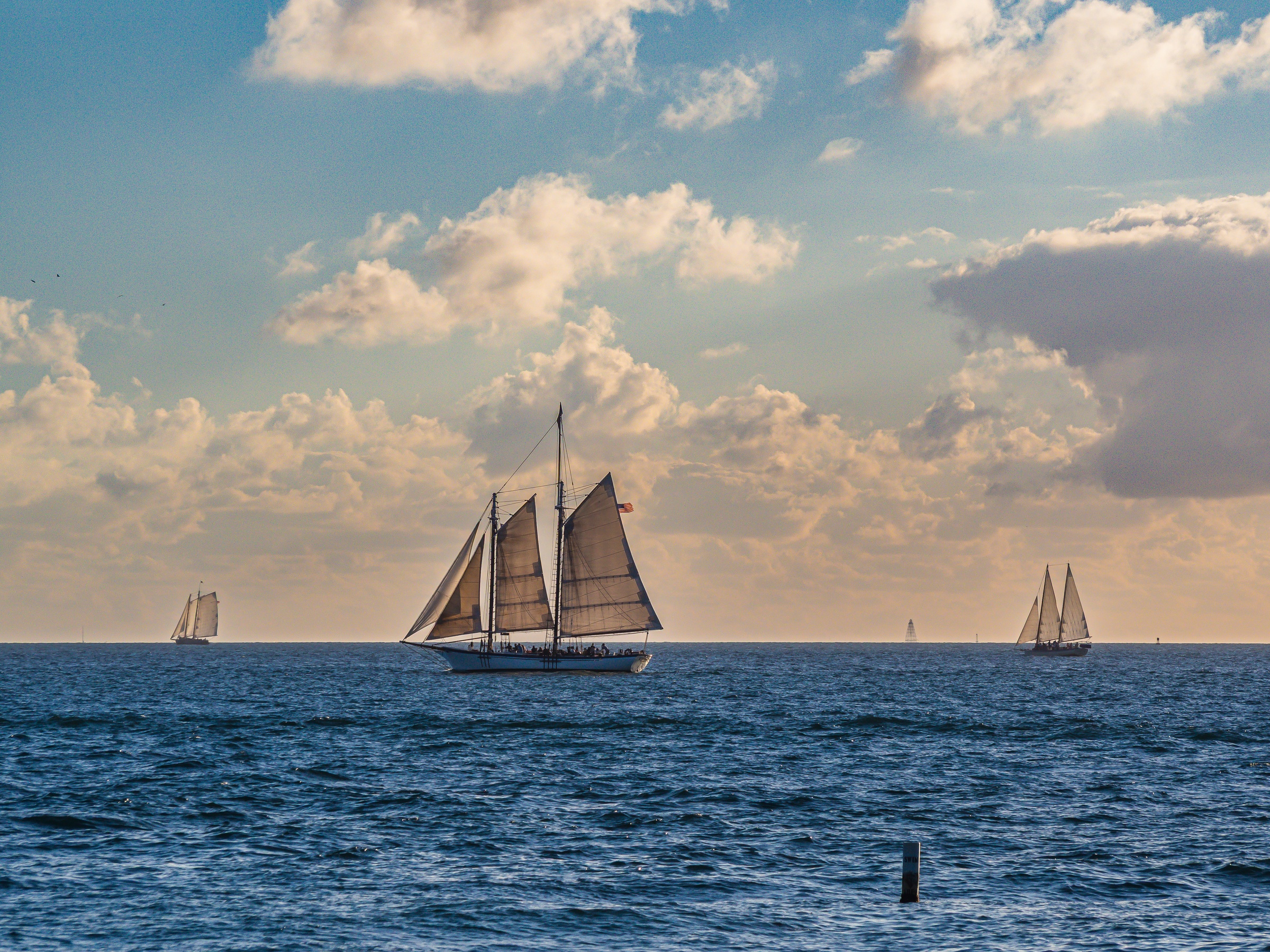 Several sailboats sail across a blue sea beneath a cloudy sky.