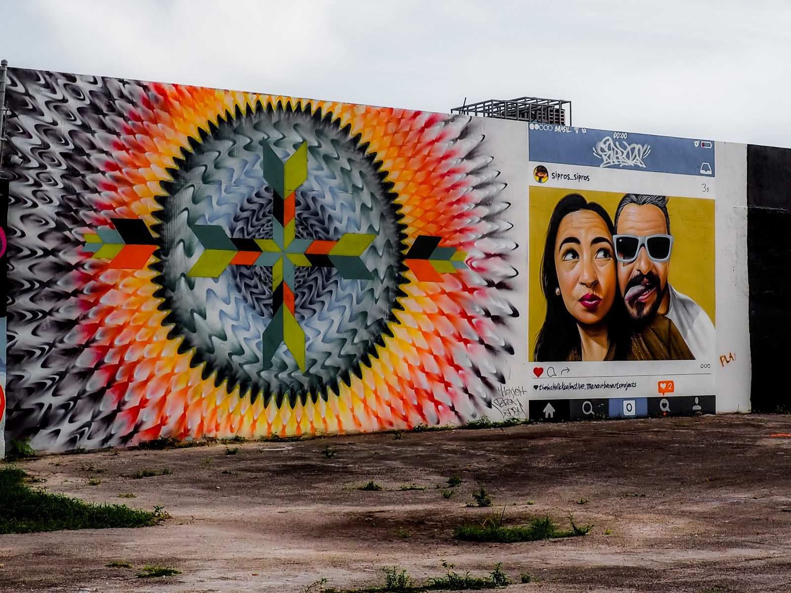 A colorful street art piece on the left with a faux Instagram self-portrait on the right.